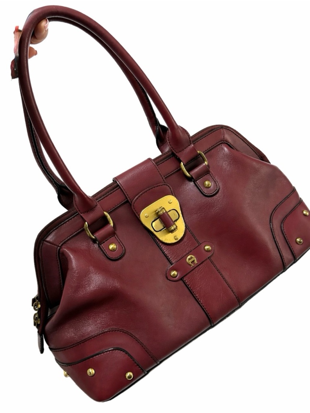 Etienne Aigner Vintage Burgundy Genuine Leather Satchel Doctor Bag Gold Hardware